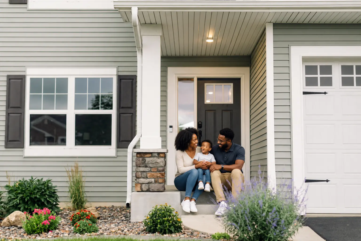 Family of three sitting in front of their home